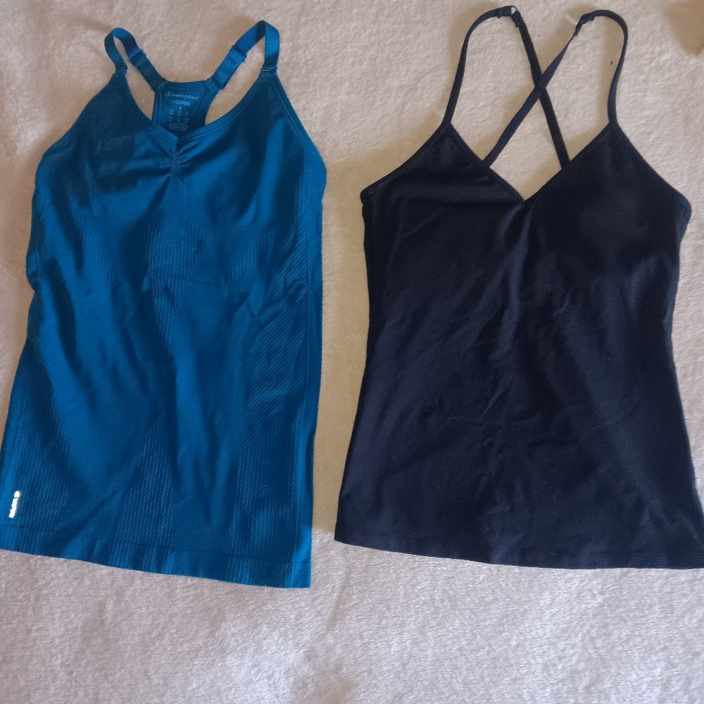 LOT OF 2 WORK OUT TOPS WITH BUILT-IN SHELF BRAS BOTH SIZE S  BY CHAMPION GEAR.